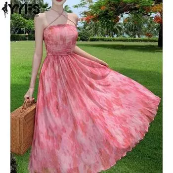 YYFS Женская мода лето весна цвет блок принт без рукавов свисающий вырез высокая талия повседневные платья S