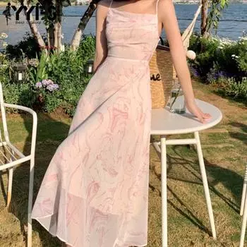 YYFS Женская мода лето весна цвет блок печати без рукавов подтяжки с высокой талией повседневные платья S