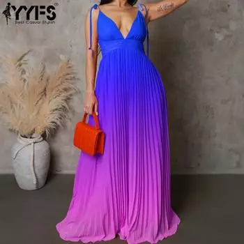 YYFS Женская мода лето весна цвет блок принт без рукавов V-образный вырез высокая талия повседневные платья S синий