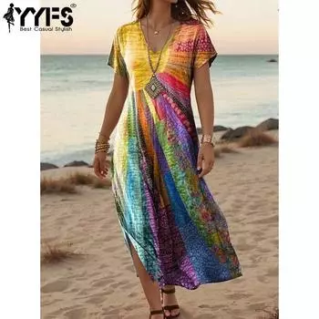 YYFS Женская мода лето весна цвет блок принт короткий рукав V-образный вырез свободная талия повседневные платья S