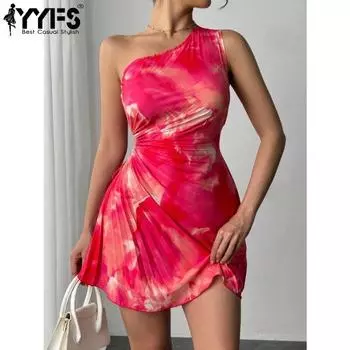 YYFS Женская мода лето весна цвет блок принт без рукавов косой воротник высокая талия повседневные платья S красный