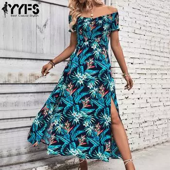 YYFS женская мода лето весна цветочный принт с коротким рукавом повседневные платья S