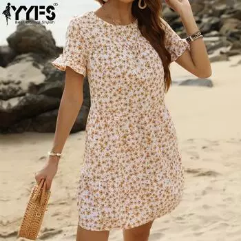 YYFS женская мода лето весна цветочный принт с коротким рукавом и круглым вырезом с высокой талией повседневные платья S жёлтый