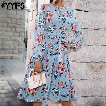YYFS женская мода лето весна цветочный принт с длинным рукавом и круглым вырезом повседневные платья S синий