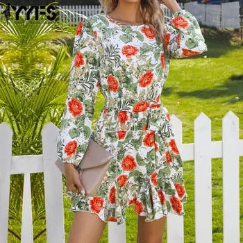 YYFS женская мода лето весна цветочный принт с длинным рукавом и круглым вырезом с высокой талией повседневные платья S белый