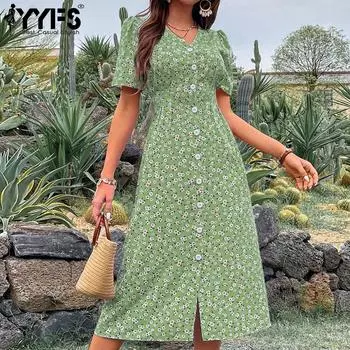 YYFS женская мода лето весна цветочный принт с коротким рукавом v-образным вырезом и высокой талией повседневные платья S синий
