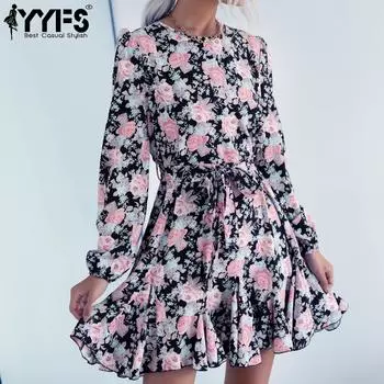 YYFS женская мода лето весна цветочный принт с длинным рукавом и круглым вырезом повседневные платья S чёрный