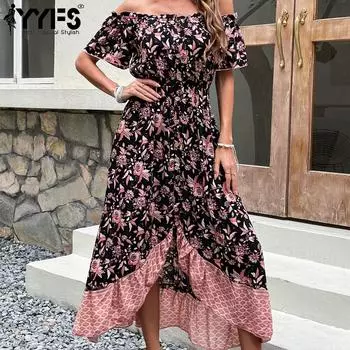 YYFS женская мода лето весна цветочный принт с коротким рукавом повседневные платья S чёрный