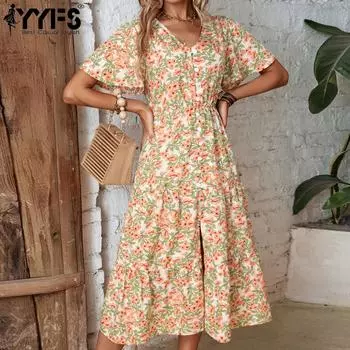 YYFS женская мода лето весна цветочный принт с коротким рукавом v-образным вырезом и высокой талией повседневные платья S белый
