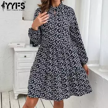 YYFS женская мода лето весна цветочный принт с длинным рукавом и круглым вырезом повседневные платья S чёрный