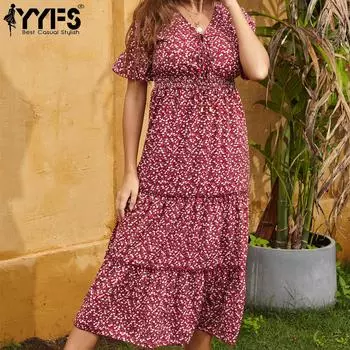 YYFS женская мода лето весна цветочный принт с коротким рукавом v-образным вырезом и высокой талией повседневные платья S вино красного