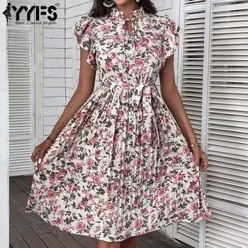 YYFS женская мода лето весна цветочный принт с коротким рукавом и круглым вырезом с высокой талией повседневные платья S белый