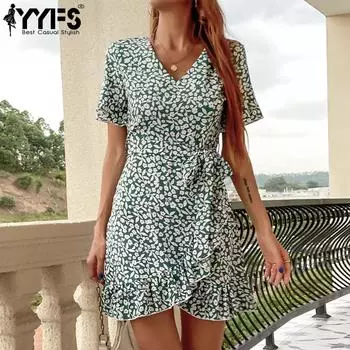 YYFS женская мода лето весна цветочный принт с коротким рукавом v-образным вырезом и высокой талией повседневные платья S зелёный