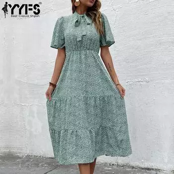 YYFS женская мода лето весна цветочный принт с коротким рукавом и круглым вырезом с высокой талией повседневные платья S зелёный