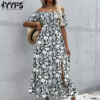YYFS женская мода лето весна цветочный принт с коротким рукавом и высокой талией повседневные платья S