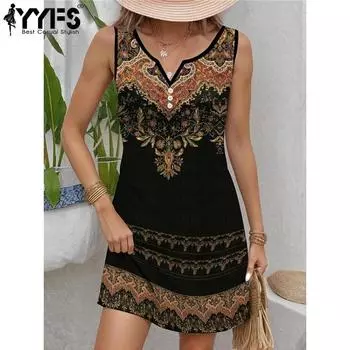YYFS Женская мода Лето Весна Цветочный узор Принт Без рукавов V-образный вырез Свободная талия Повседневные платья S