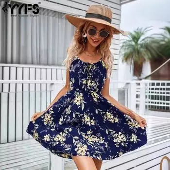 YYFS Женская мода Лето Весна Цветочный узор Принт Без рукавов О-образный вырез Свободная талия Повседневные платья S чёрный