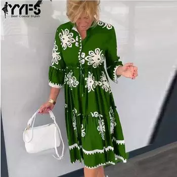 YYFS Женская мода лето весна цветочный узор принт рукава 3/4 воротник поло свободная талия повседневные платья S зелёный