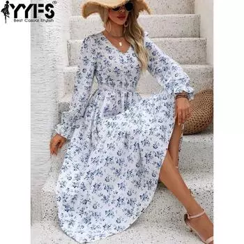 YYFS Женская мода лето весна цветочный узор принт длинный рукав V-образный вырез высокая талия повседневные платья S белый