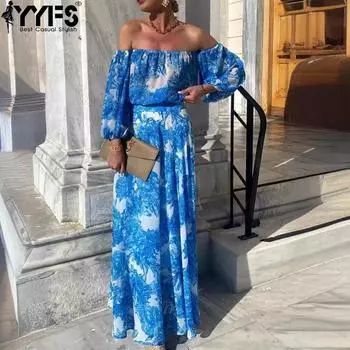 YYFS Женская мода лето весна цветочный узор принт рукава 1/2 одно плечо высокая талия повседневные платья S синий
