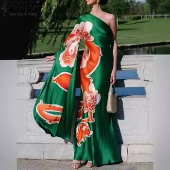 YYFS Женская мода лето весна цветочный узор принт длинный рукав косой воротник высокая талия повседневные платья S зелёный