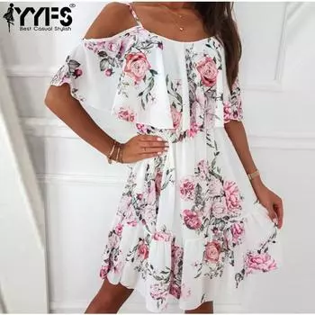 YYFS Женская мода лето весна цветочный узор принт короткий рукав высокая талия повседневные платья S белый