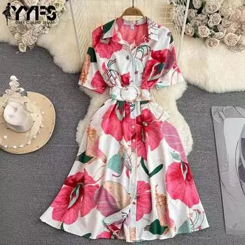 YYFS Женская мода лето весна цветочный узор принт короткий рукав ПОЛО шеи Высокая талия повседневные платья Size: One Size