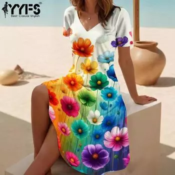 YYFS женская мода лето весна цветочный узор принт короткий рукав v-образный вырез свободная талия повседневные платья S