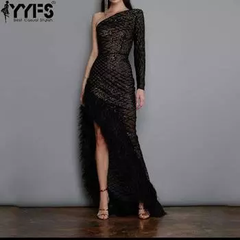 YYFS Женская мода лето весна длинный рукав высокая талия косой воротник коктейльные и вечерние платья S чёрный