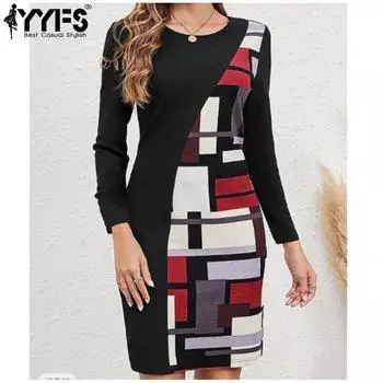 YYFS Женская мода лето весна геометрический принт с длинным рукавом и круглым вырезом свободная талия повседневные платья S красный