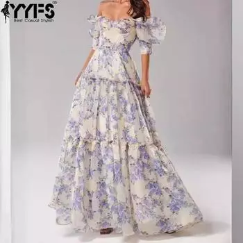 YYFS Женская мода лето весна короткий рукав высокая талия одно плечо коктейльные и вечерние платья S синий