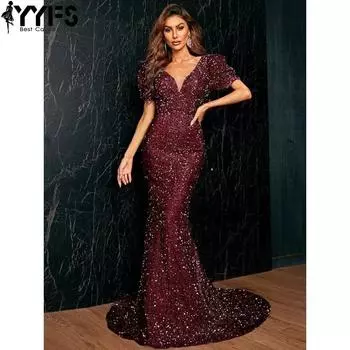 YYFS Женская мода лето весна короткий рукав высокая талия V-образный вырез коктейльные и вечерние платья S бордовый