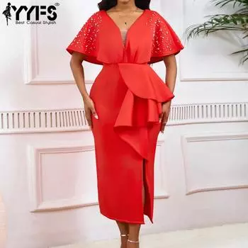 YYFS Женская мода лето весна короткий рукав высокая талия V-образный вырез коктейльные и вечерние платья S красный