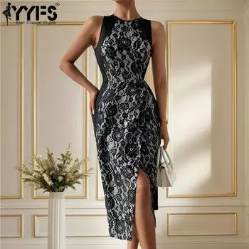 YYFS Женская мода лето весна кружевной принт без рукавов с круглым вырезом и высокой талией повседневные платья S чёрный