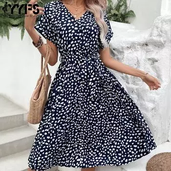 YYFS женская мода лето весна леопардовый принт с короткими рукавами и v-образным вырезом повседневные платья S