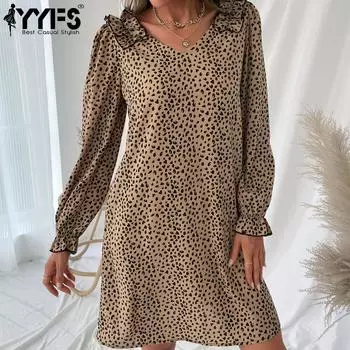 YYFS женская мода лето весна леопардовый принт с длинным рукавом v-образным вырезом повседневные платья S