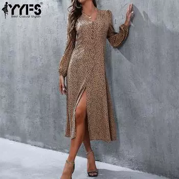 YYFS женская мода лето весна леопардовый принт с длинным рукавом v-образным вырезом повседневные платья S хаки