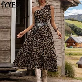 YYFS Женская мода лето весна леопардовый принт без рукавов косой воротник высокая талия повседневные платья S чёрный