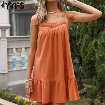 YYFS женская мода лето весна однотонный принт кружева без рукавов подтяжки повседневные платья S оранжевый