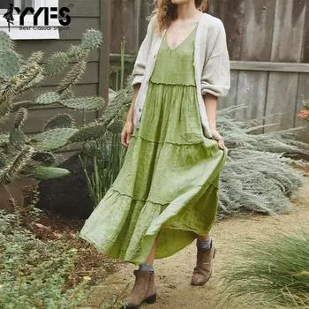 YYFS Женская мода лето весна однотонный принт без рукавов V-образный вырез свободная талия повседневные платья S зелёный