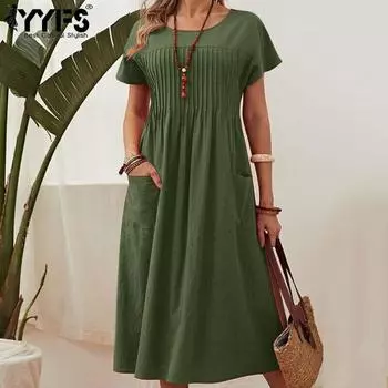 YYFS Женская мода лето весна однотонный принт короткий рукав О-образный вырез средняя талия повседневные платья S тёмно-синий