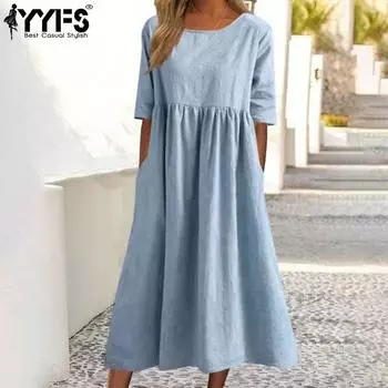 YYFS Женская мода лето весна однотонный принт рукава 1/2 О-образный вырез свободная талия повседневные платья S серый