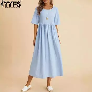 YYFS Женская мода лето весна однотонный принт рукава 1/2 О-образный вырез высокая талия повседневные платья S белый