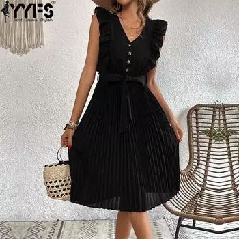 YYFS Женская мода лето весна однотонный принт без рукавов V-образный вырез средняя талия повседневные платья S чёрный