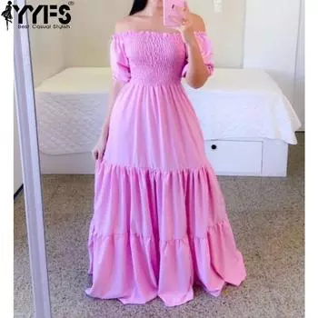 YYFS Женская мода лето весна однотонный принт без рукавов одно плечо высокая талия повседневные платья
