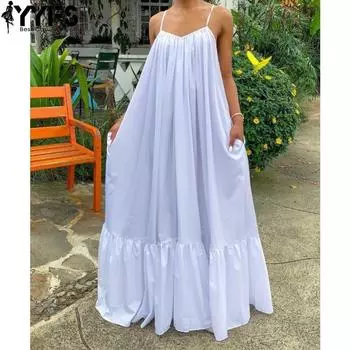 YYFS Женская мода лето весна однотонный принт без рукавов с v-образным вырезом свободная талия повседневные платья S белый