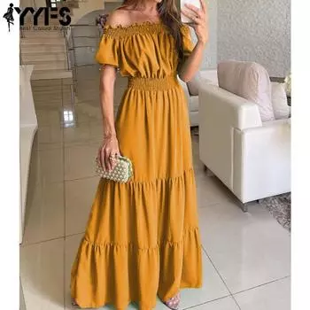 YYFS Женская мода лето весна однотонный принт короткий рукав одно плечо высокая талия повседневные платья S жёлтый