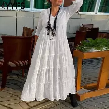 YYFS Женская мода лето весна однотонный принт рукава 1/2 О-образный вырез свободная талия повседневные платья S белый