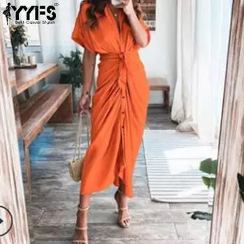 YYFS Женская мода лето весна однотонный принт короткий рукав V-образный вырез высокая талия повседневные платья S оранжевый