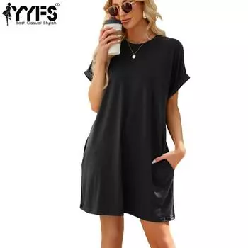 YYFS Женская мода лето весна однотонный принт короткий рукав О-образный вырез свободная талия повседневные платья S чёрный